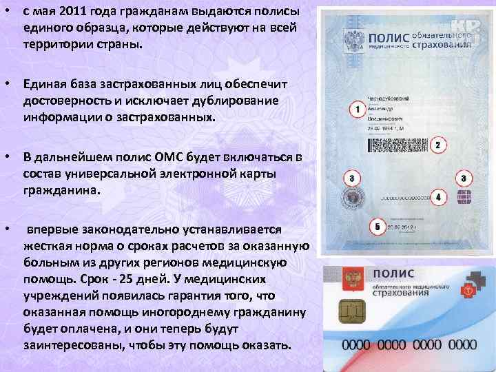 • с мая 2011 года гражданам выдаются полисы единого образца, которые действуют • с мая 2011 года гражданам выдаются полисы единого образца, которые действуют