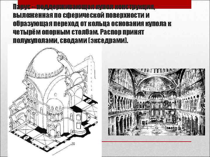 Парус – поддерживающая купол конструкция, выложенная по сферической поверхности и образующая переход от кольца Парус – поддерживающая купол конструкция, выложенная по сферической поверхности и образующая переход от кольца