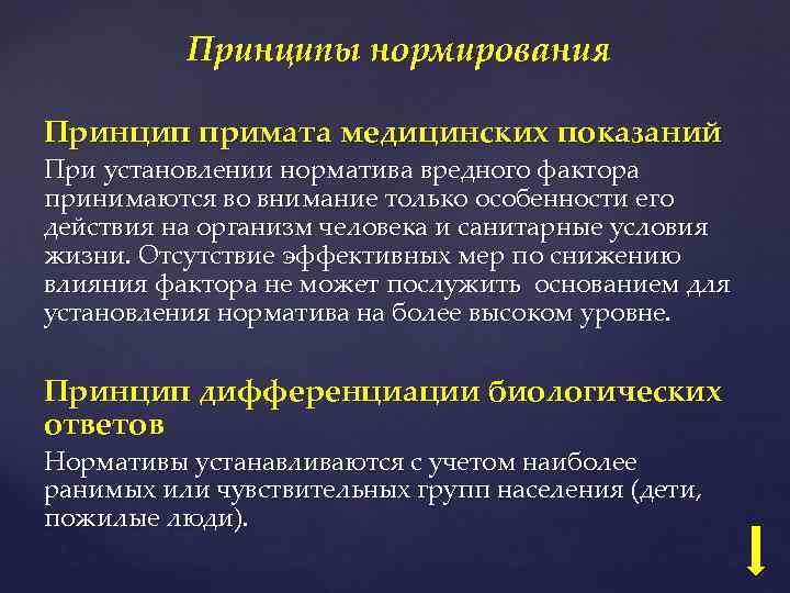    Принципы нормирования Принцип примата медицинских показаний При установлении норматива вредного фактора