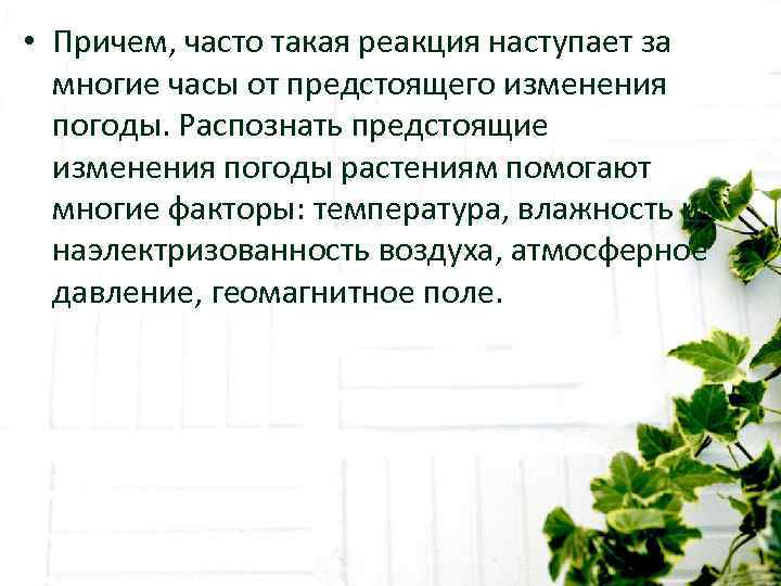  • Причем, часто такая реакция наступает за  многие часы от предстоящего изменения