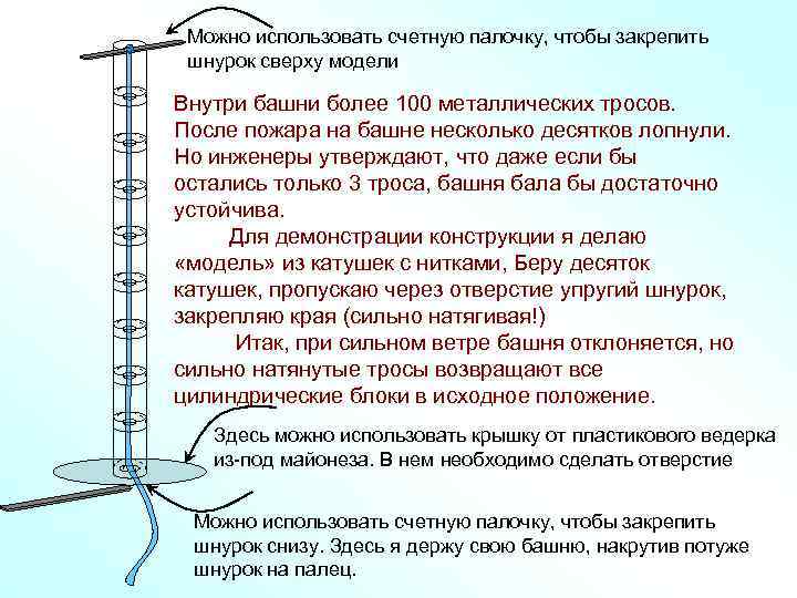  Можно использовать счетную палочку, чтобы закрепить шнурок сверху модели Внутри башни более 100