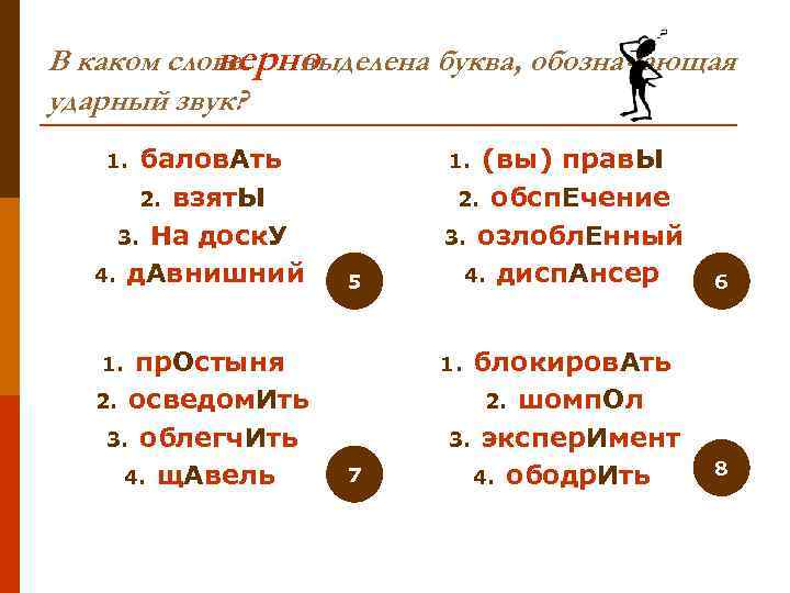   верно В каком слове выделена буква, обозначающая ударный звук? 1. балов. Ать