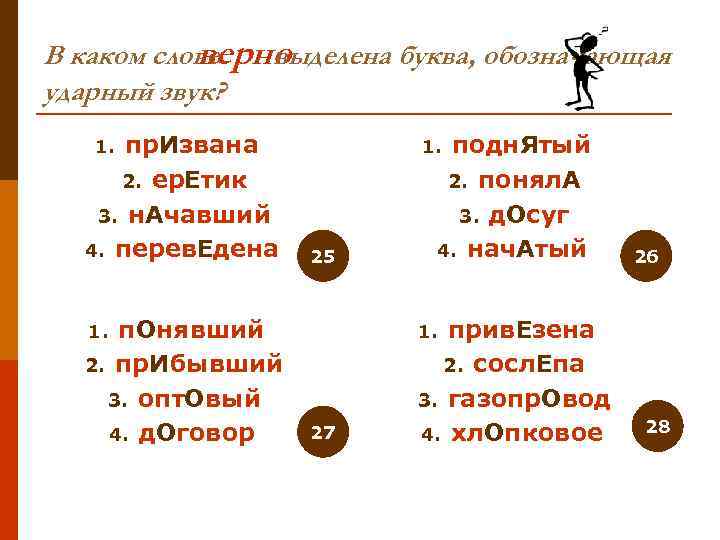   верно В каком слове выделена буква, обозначающая ударный звук? 1. пр. Извана