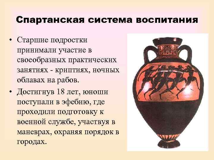  Спартанская система воспитания  • Старшие подростки  принимали участие в  своеобразных