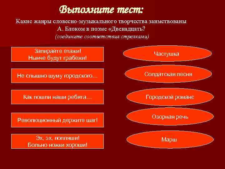    Выполните тест: Какие жанры словесно-музыкального творчества заимствованы   А. Блоком