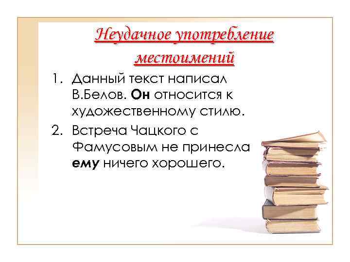  Неудачное употребление  местоимений 1. Данный текст написал  В. Белов. Он относится