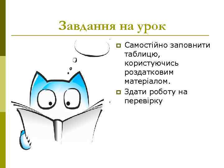 Завдання на урок   p  Самостійно заповнити   таблицю,  