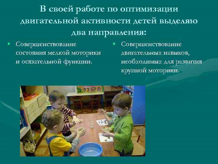  В своей работе по оптимизации  двигательной активности детей выделяю  