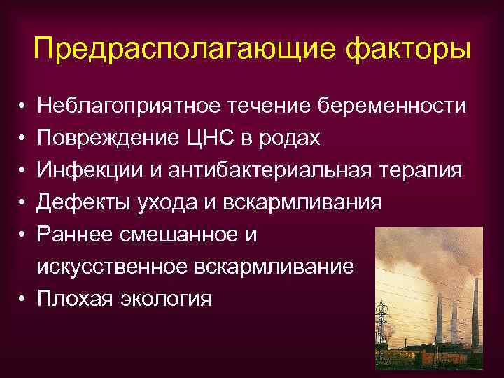   Предрасполагающие факторы • Неблагоприятное течение беременности • Повреждение ЦНС в родах •