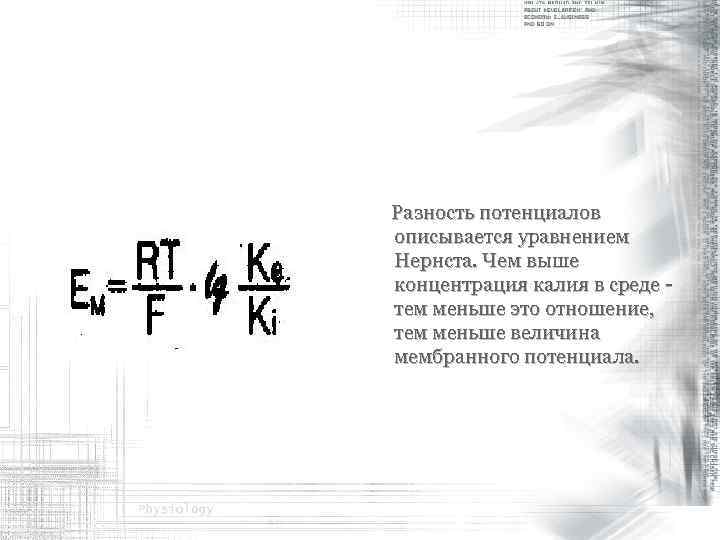 Разность потенциалов описывается уравнением Нернста. Чем выше концентрация калия в среде - тем меньше