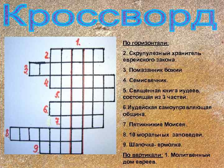 По горизонтали: 2. Скрупулезный хранитель еврейского закона. 3. Помазанник божий 4. Семисвечник. 5. Священная