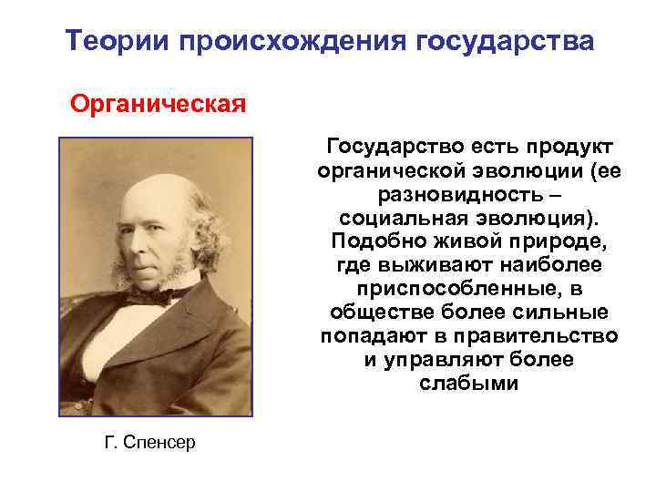 Теории происхождения государства Органическая Государство есть продукт органической эволюции Теории происхождения государства Органическая Государство есть продукт органической эволюции