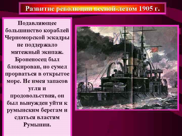  Развитие революции весной-летом 1905 г.  Подавляющее большинство кораблей Черноморской эскадры не поддержало