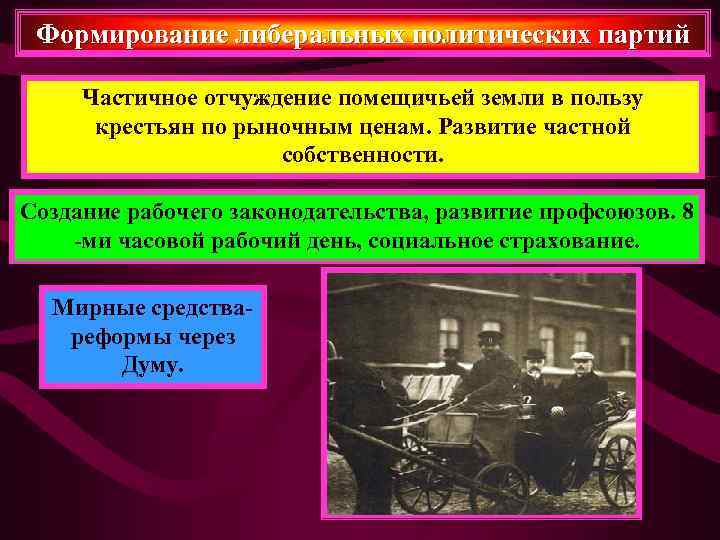  Формирование либеральных политических партий  Частичное отчуждение помещичьей земли в пользу  крестьян
