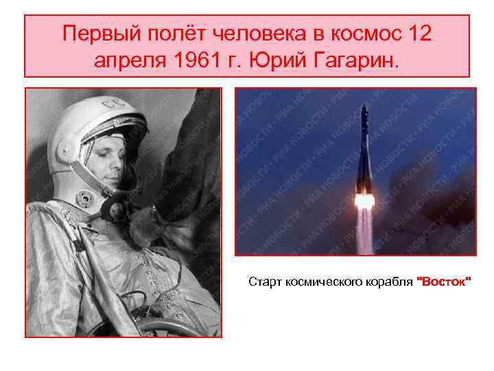 Первый полёт человека в космос 12  апреля 1961 г. Юрий Гагарин.  