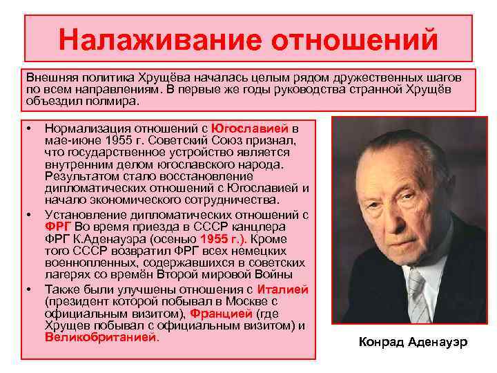  Налаживание отношений Внешняя политика Хрущёва началась целым рядом дружественных шагов по всем направлениям.