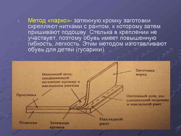 1.  Метод «парко» - затяжную кромку заготовки скрепляют нитками с рантом, к которому