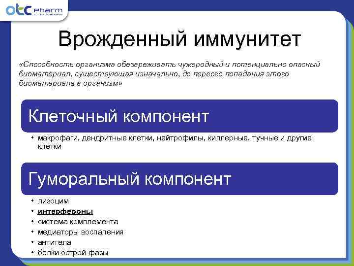    Врожденный иммунитет «Способность организма обезвреживать чужеродный и потенциально опасный биоматериал, существующая