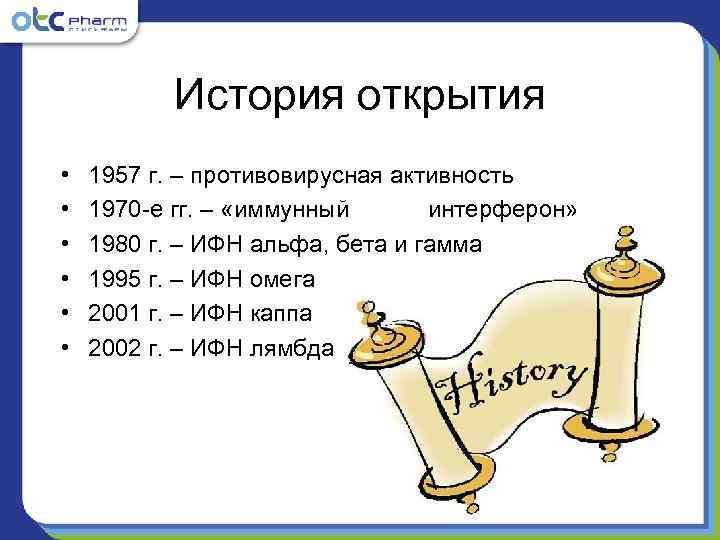   История открытия •  1957 г. – противовирусная активность  • 