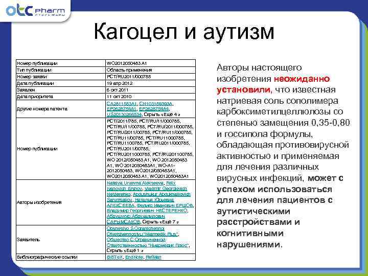       Кагоцел и аутизм Номер публикации  WO 2012050483