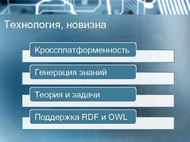 Технология, новизна  Кроссплатформенность  Генерация знаний  Теория и задачи  Поддержка RDF