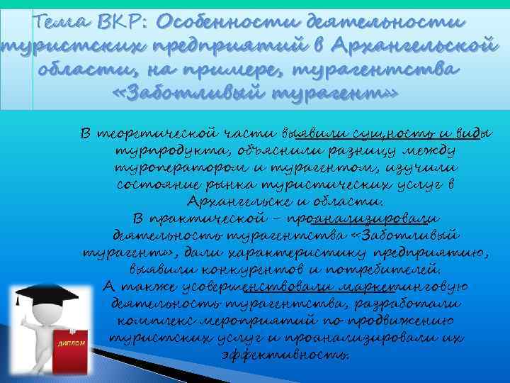  Тема ВКР: Особенности деятельности туристских предприятий в Архангельской  области, на примере, турагентства