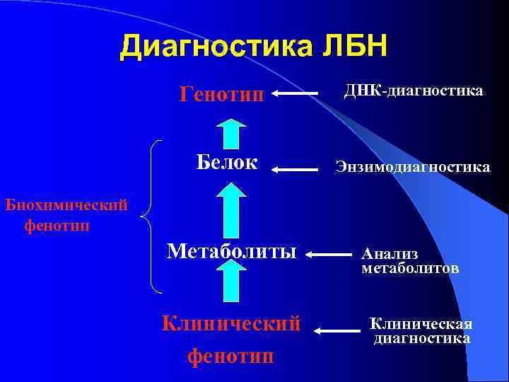   Диагностика ЛБН   Генотип ДНК-диагностика     Белок 