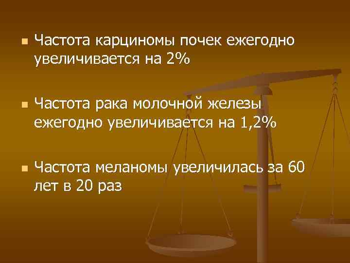 n  Частота карциномы почек ежегодно увеличивается на 2% n  Частота рака молочной