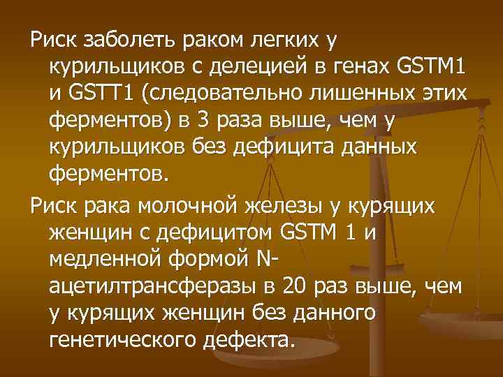Риск заболеть раком легких у  курильщиков с делецией в генах GSTM 1 