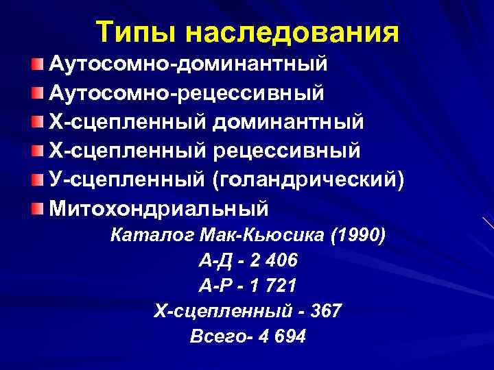   Типы наследования Аутосомно-доминантный Аутосомно-рецессивный Х-сцепленный доминантный Х-сцепленный рецессивный У-сцепленный (голандрический) Митохондриальный Каталог