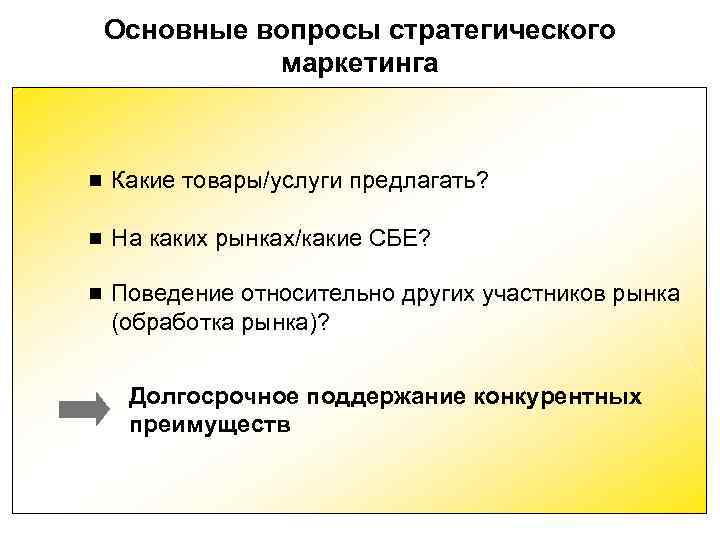 Основные вопросы стратегического маркетинга g Какие товары/услуги Основные вопросы стратегического маркетинга g Какие товары/услуги