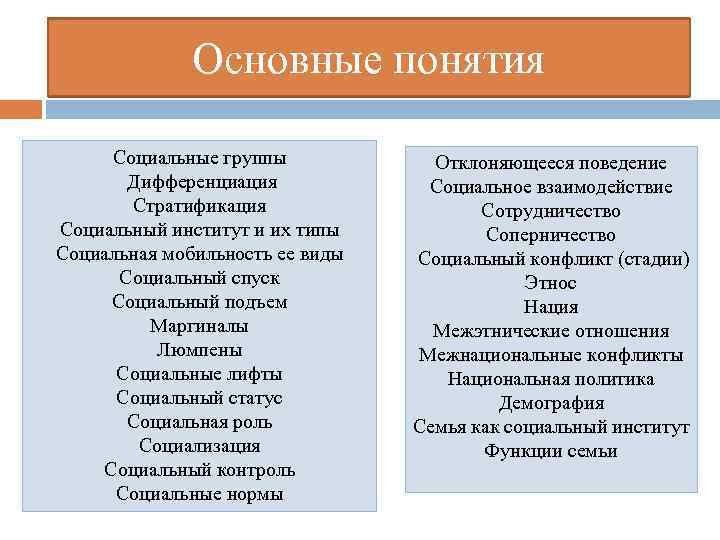    Основные понятия  Социальные группы   Отклоняющееся поведение  Дифференциация