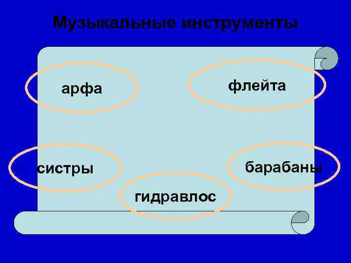  Музыкальные инструменты арфа    флейта систры    барабаны 