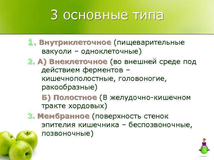  3 основные типа 1. Внутриклеточное (пищеварительные вакуоли – одноклеточные) 2. А) Внеклеточное (во