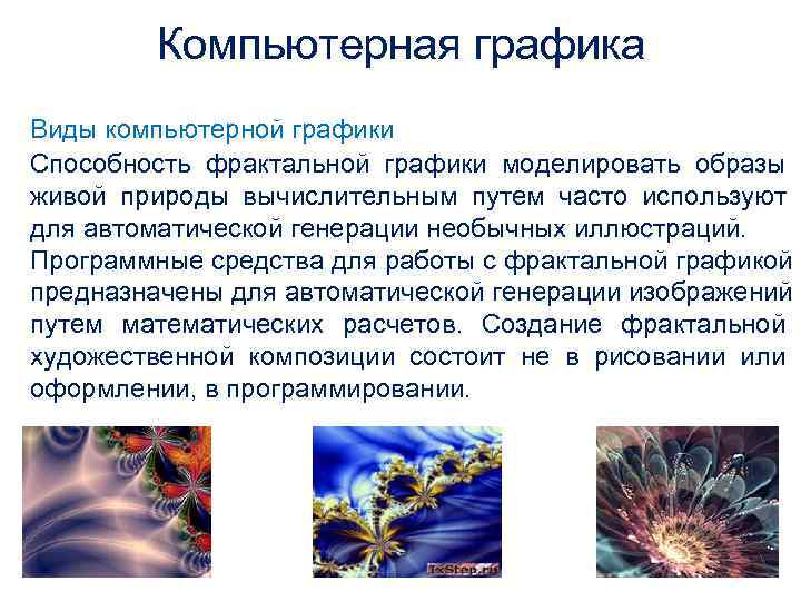   Компьютерная графика Виды компьютерной графики Способность фрактальной графики моделировать образы живой природы