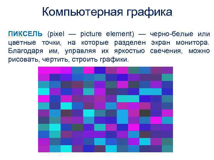   Компьютерная графика ПИКСЕЛЬ (pixel — picture element) — черно-белые или цветные точки,