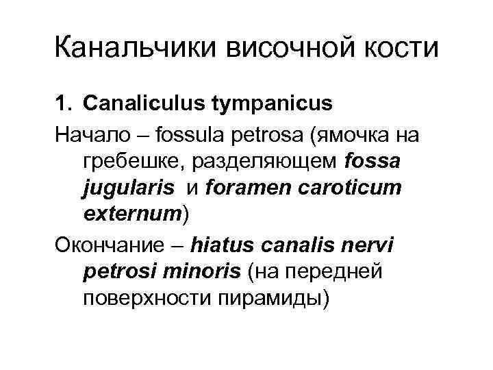 Канальчики височной кости 1. Canaliculus tympanicus Начало – fossula petrosa (ямочка на  гребешке,