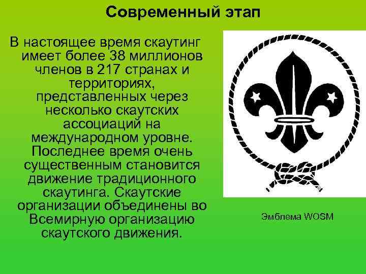   Современный этап В настоящее время скаутинг  имеет более 38 миллионов членов