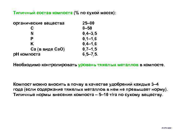Типичный состав компоста (% по сухой массе):  органические вещества  25– 80 