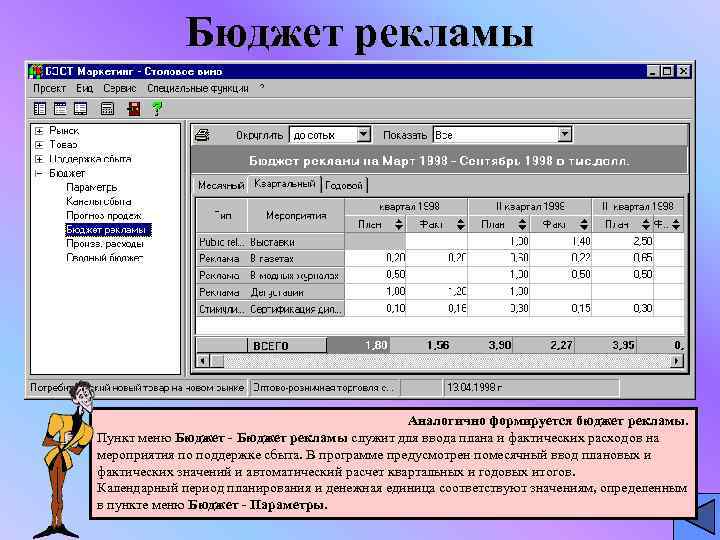    Бюджет рекламы     Аналогично формируется бюджет рекламы. Пункт