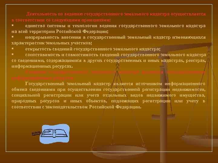   Деятельность по ведению государственного земельного кадастра осуществляется в соответствии со следующими принципами: