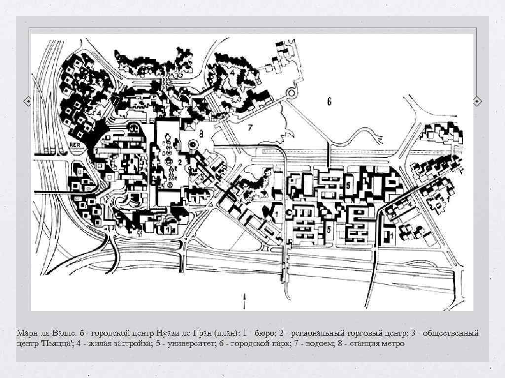 Марн-ля-Валле. б - городской центр Нуази-ле-Гран (план): 1 - бюро; 2 - региональный торговый Марн-ля-Валле. б - городской центр Нуази-ле-Гран (план): 1 - бюро; 2 - региональный торговый