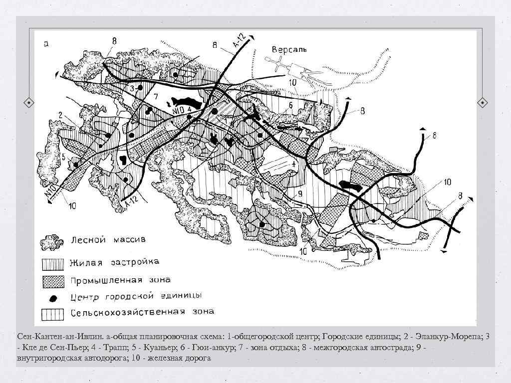 Сен-Кантен-ан-Ивлин. а-общая планировочная схема: 1 -общегородской центр; Городские единицы; 2 - Эланкур-Морепа; 3 - Сен-Кантен-ан-Ивлин. а-общая планировочная схема: 1 -общегородской центр; Городские единицы; 2 - Эланкур-Морепа; 3 -