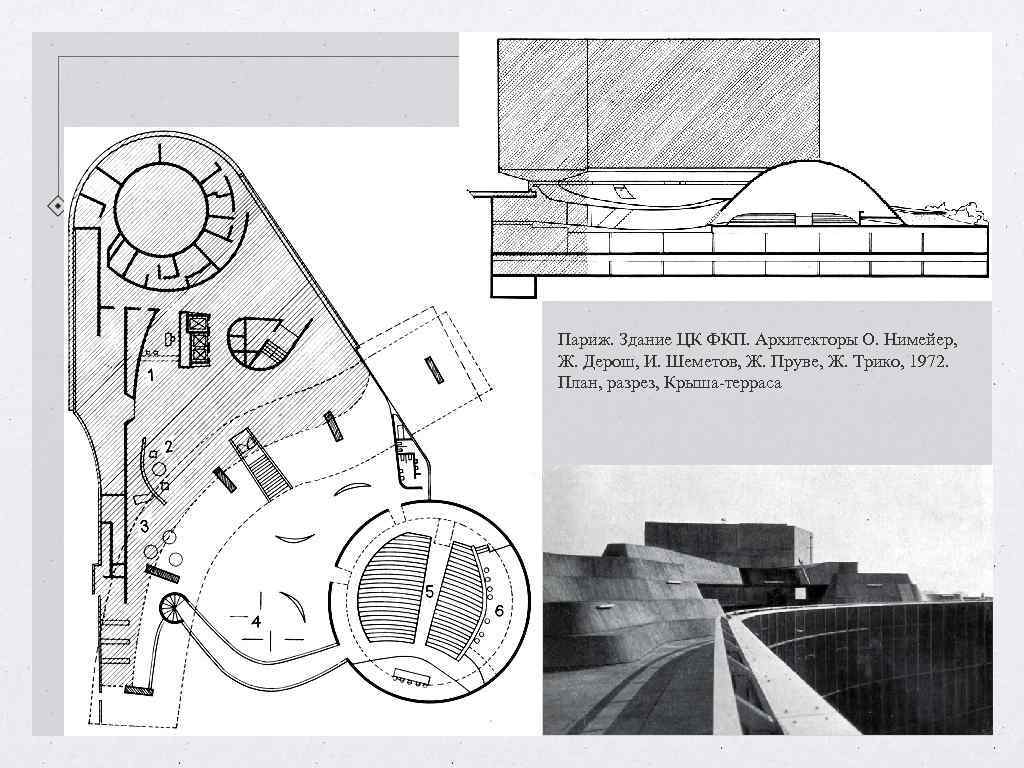 Париж. Здание ЦК ФКП. Архитекторы О. Нимейер, Ж. Дерош, И. Шеметов, Ж. Пруве, Ж. Париж. Здание ЦК ФКП. Архитекторы О. Нимейер, Ж. Дерош, И. Шеметов, Ж. Пруве, Ж.