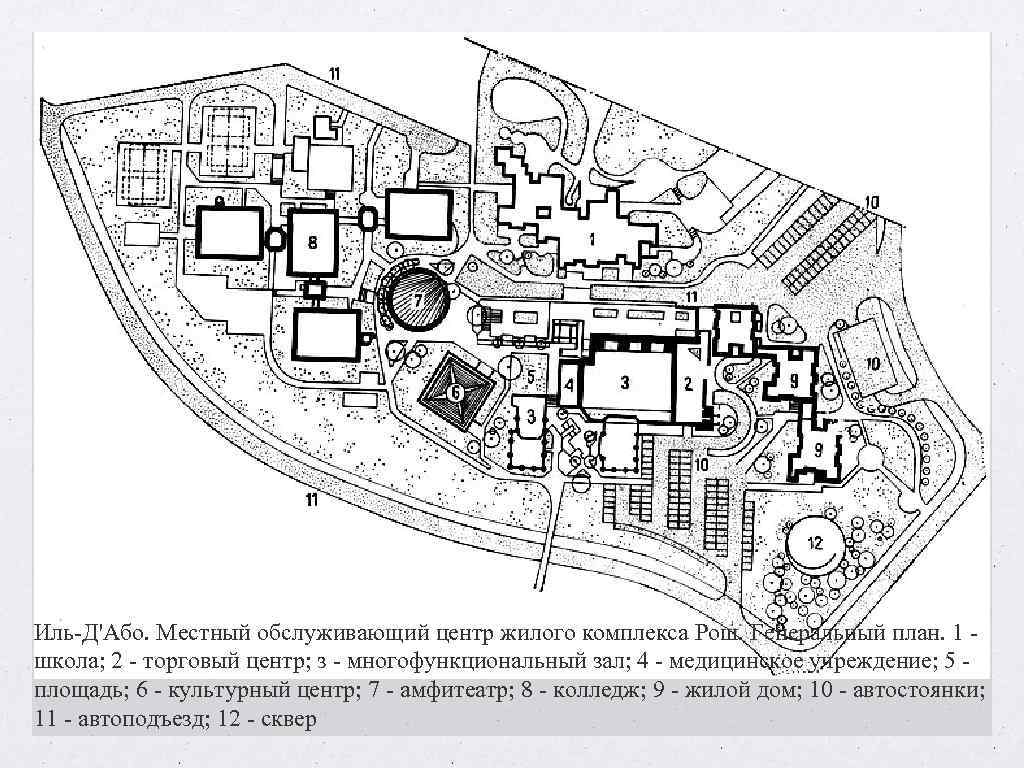 Иль-Д'Або. Местный обслуживающий центр жилого комплекса Рош. Генеральный план. 1 - школа; 2 - Иль-Д'Або. Местный обслуживающий центр жилого комплекса Рош. Генеральный план. 1 - школа; 2 -