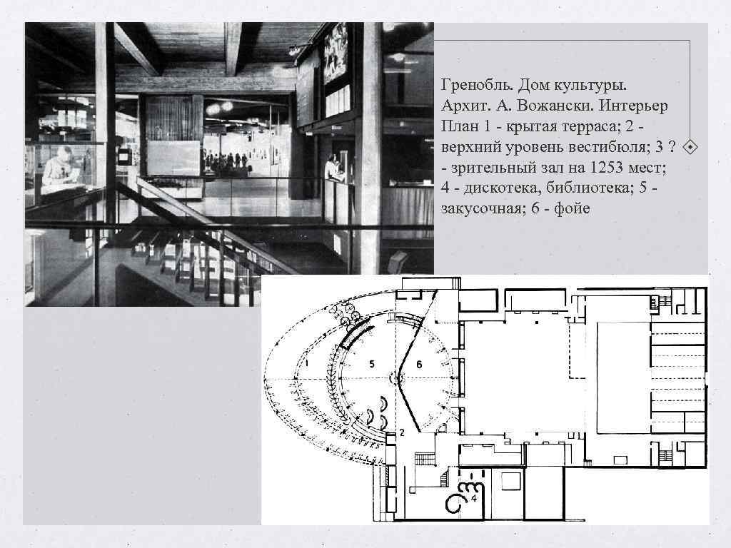 Гренобль. Дом культуры. Архит. А. Вожански. Интерьер План 1 - крытая терраса; 2 - Гренобль. Дом культуры. Архит. А. Вожански. Интерьер План 1 - крытая терраса; 2 -