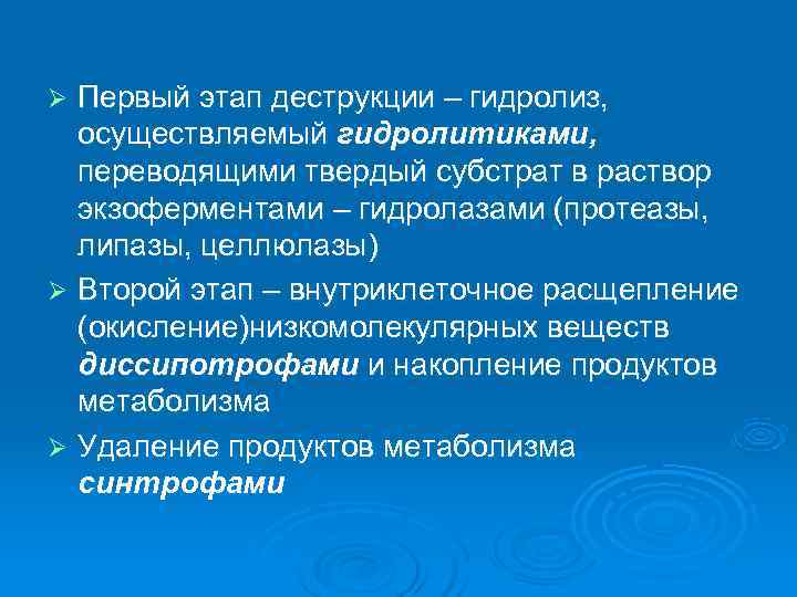 Ø Первый этап деструкции – гидролиз,  осуществляемый гидролитиками,  переводящими твердый субстрат в