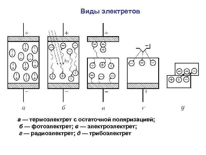     Виды электретов а — термоэлектрет с остаточной поляризацией;  б