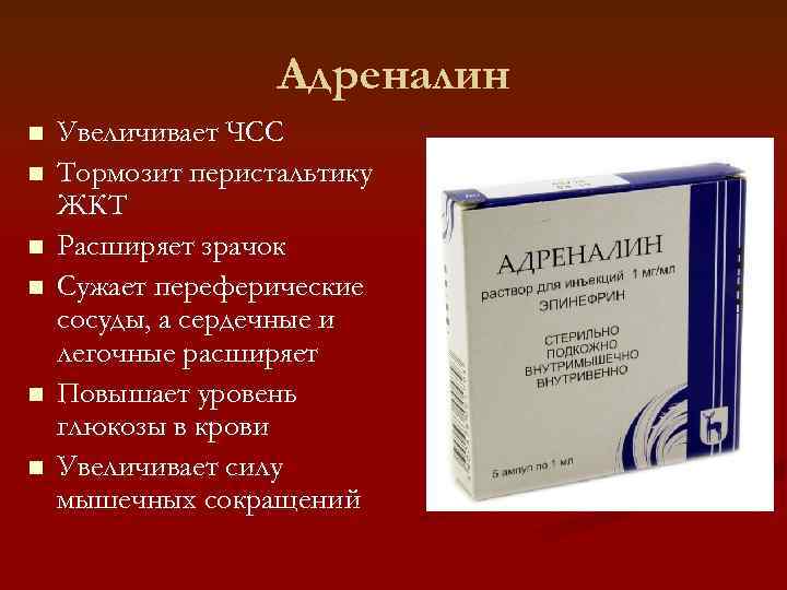     Адреналин n  Увеличивает ЧСС n  Тормозит перистальтику ЖКТ