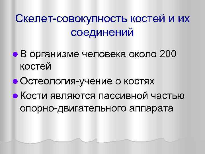 Скелет-совокупность костей и их   соединений l В организме человека около 200 